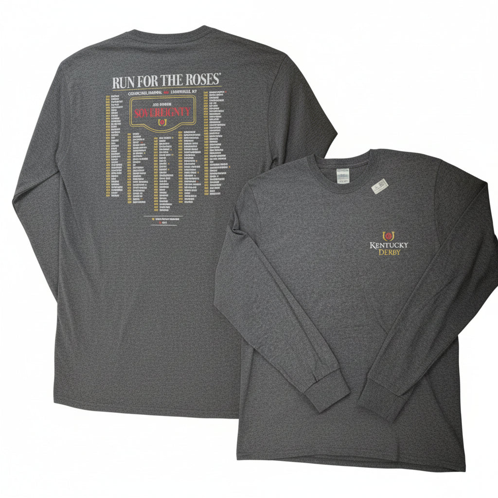 Gray long-sleeve shirt with 'Kentucky Derby' logo and text on a white background