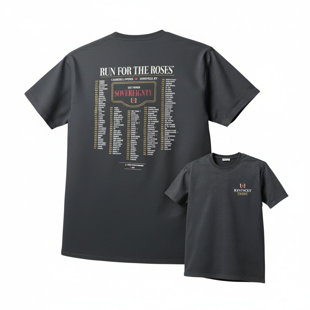 Black t-shirt with 'Run for the Roses' and 'Kentucky Derby' text on a white background