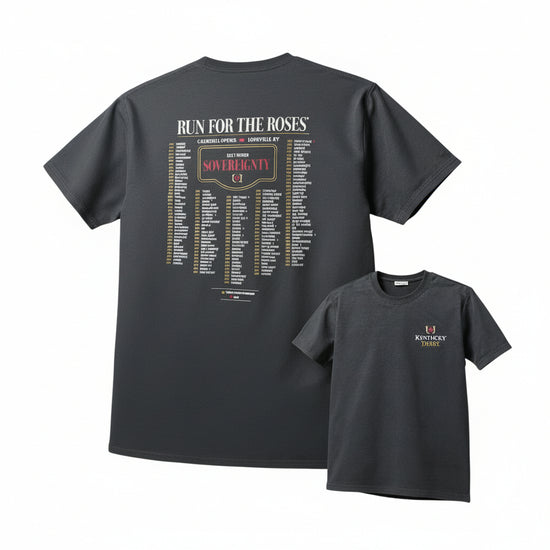 Black t-shirt with 'Run for the Roses' and 'Kentucky Derby' text on a white background