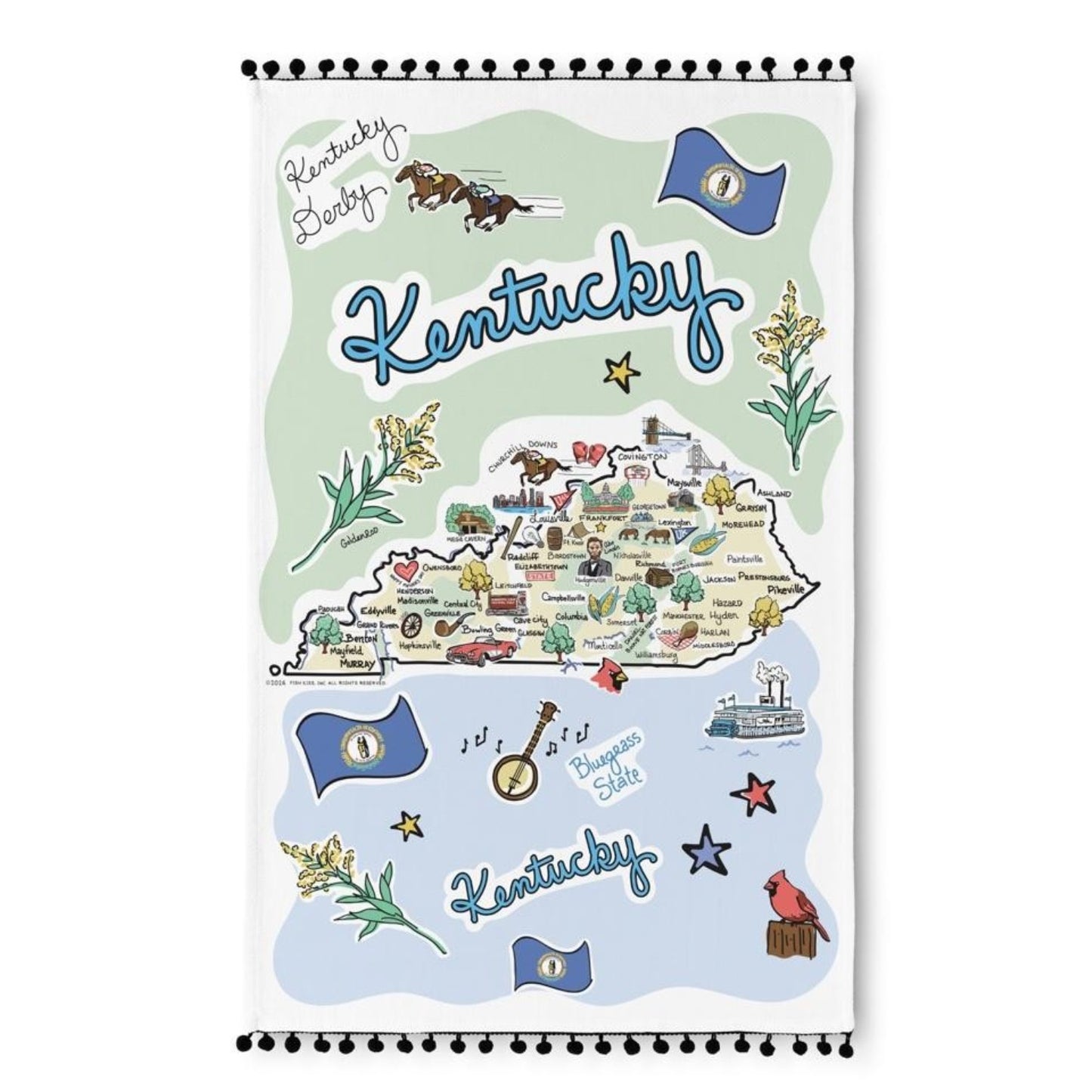  Flat lay of a white 100% cotton tea towel featuring a colorful, hand-drawn Fish-Kiss map of Kentucky highlighting local landmarks and cities.