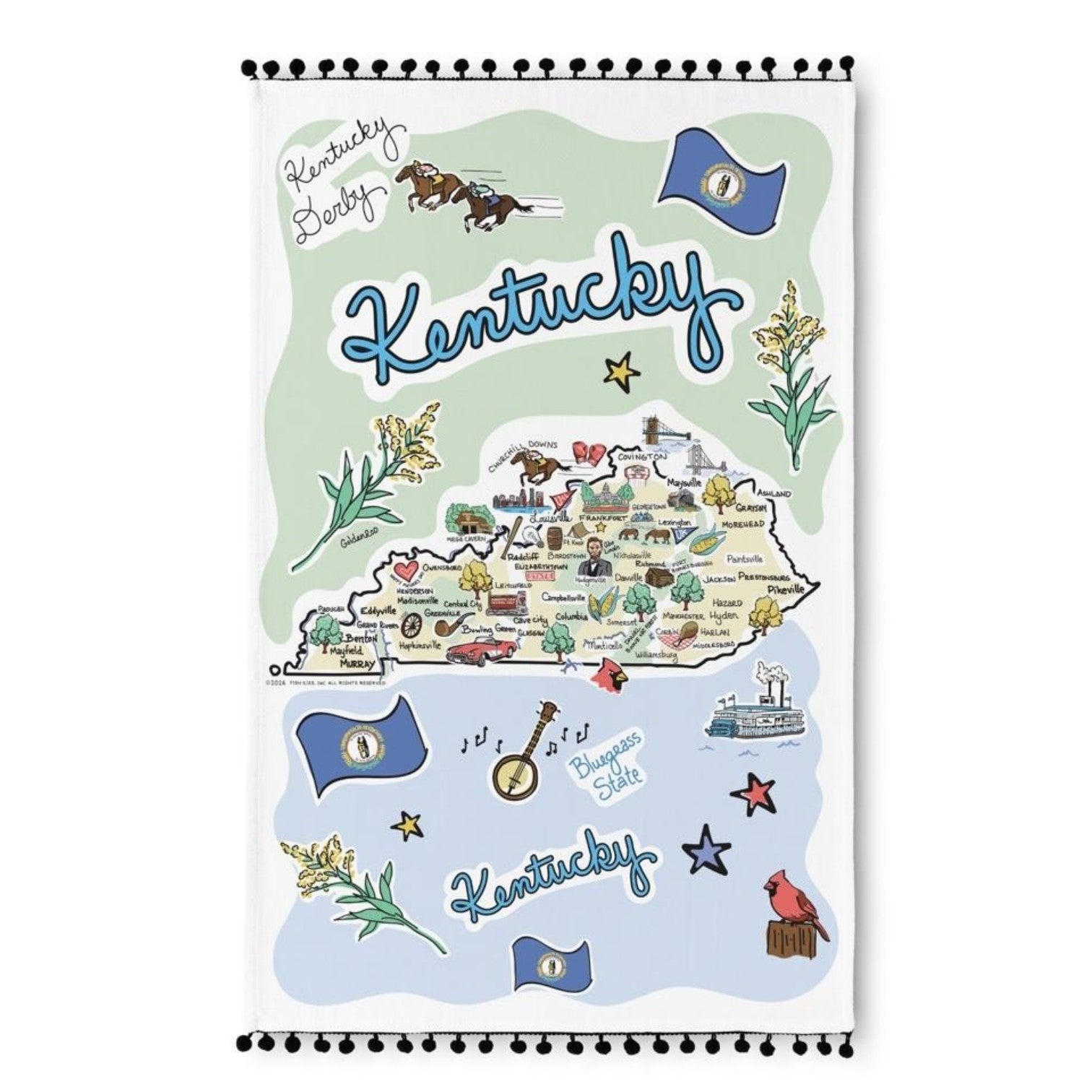  Flat lay of a white 100% cotton tea towel featuring a colorful, hand-drawn Fish-Kiss map of Kentucky highlighting local landmarks and cities.
