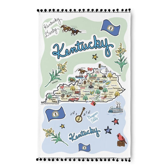  Flat lay of a white 100% cotton tea towel featuring a colorful, hand-drawn Fish-Kiss map of Kentucky highlighting local landmarks and cities.