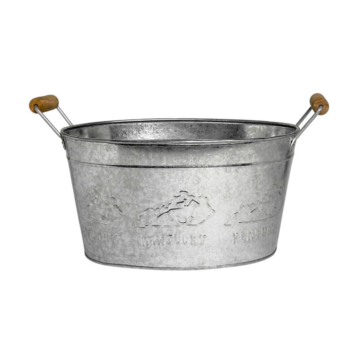 A Kentucky-themed galvanized beverage tub with wood handles on a white background.