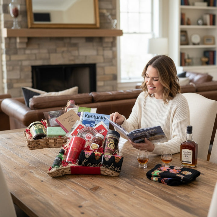 Woman in a cozy living room with a Best of the Bluegrass gift basket and Kentucky-themed items.