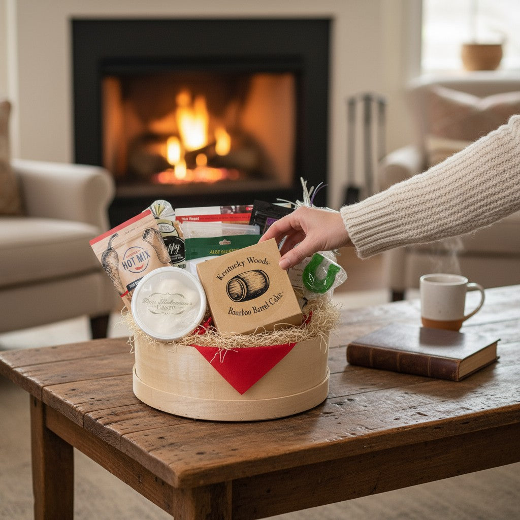 A cozy lifestyle scene with the Barrel of Goodness gift basket next to a warm fireplace and a cup of coffee.