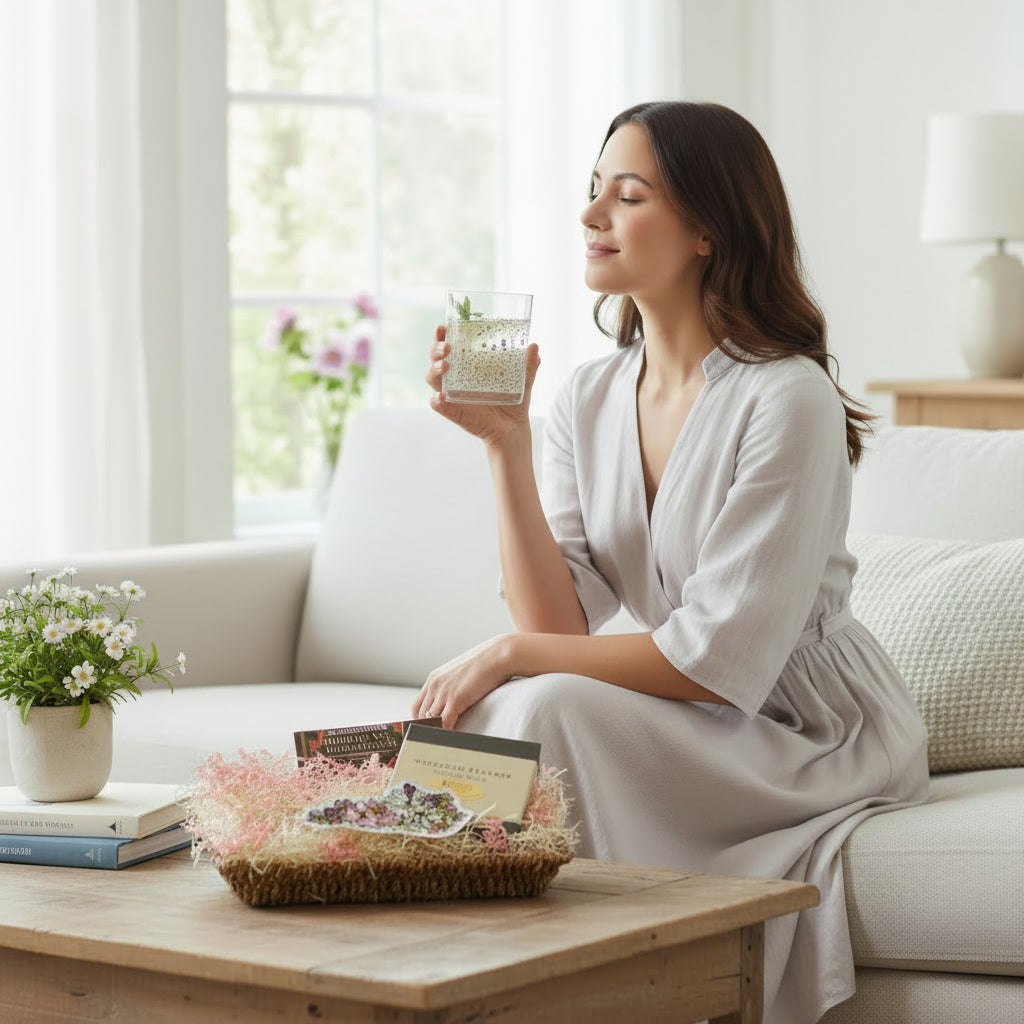 A lifestyle scene showing someone enjoying a drink from the Boho Flower Rocks Glass with the gift basket nearby.