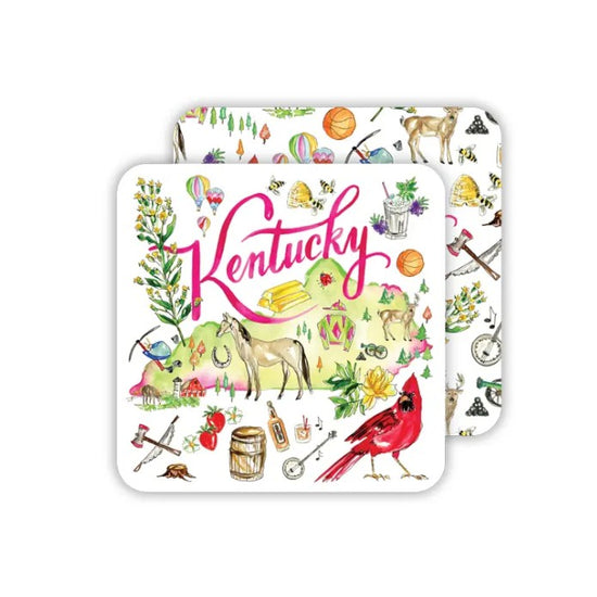 Kentucky Handpainted Icons paper coasters with unique designs and reversible patterns, perfect for cocktail hours and Derby parties.