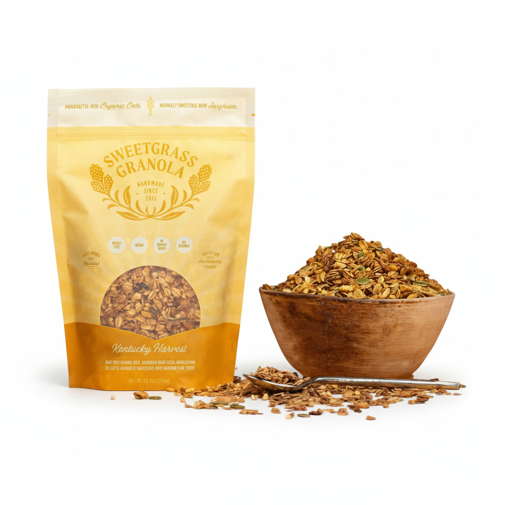 Sweetgrass Granola package with a bowl of granola on a white background