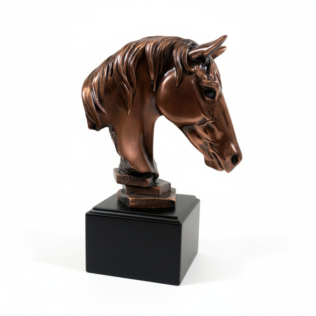 Detail shot showing the warm, metallic copper finish of the horse head sculpture against a neutral background.