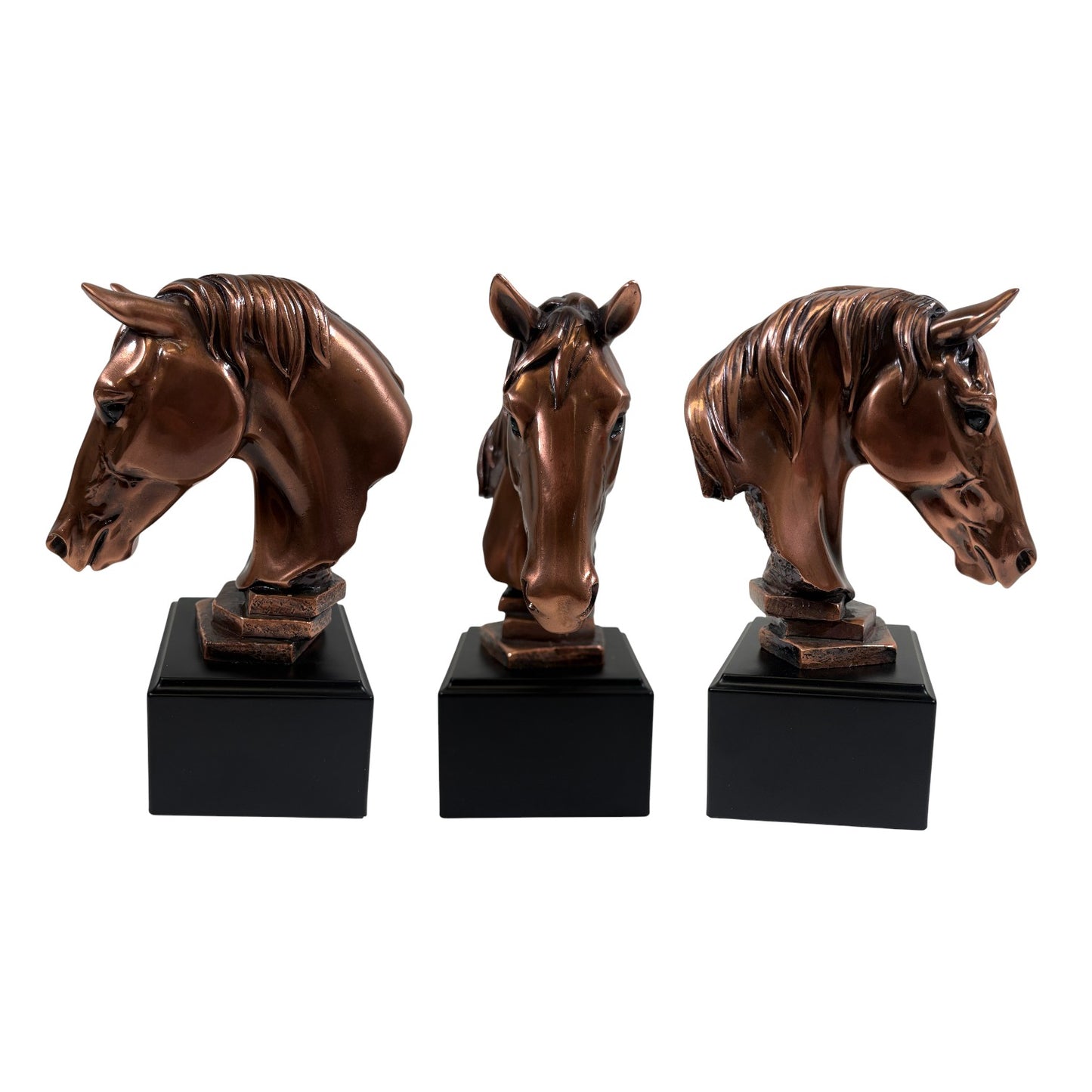 A close-up of the 7.5-inch tall copper horse head, highlighting the detailed mane and expressive features.