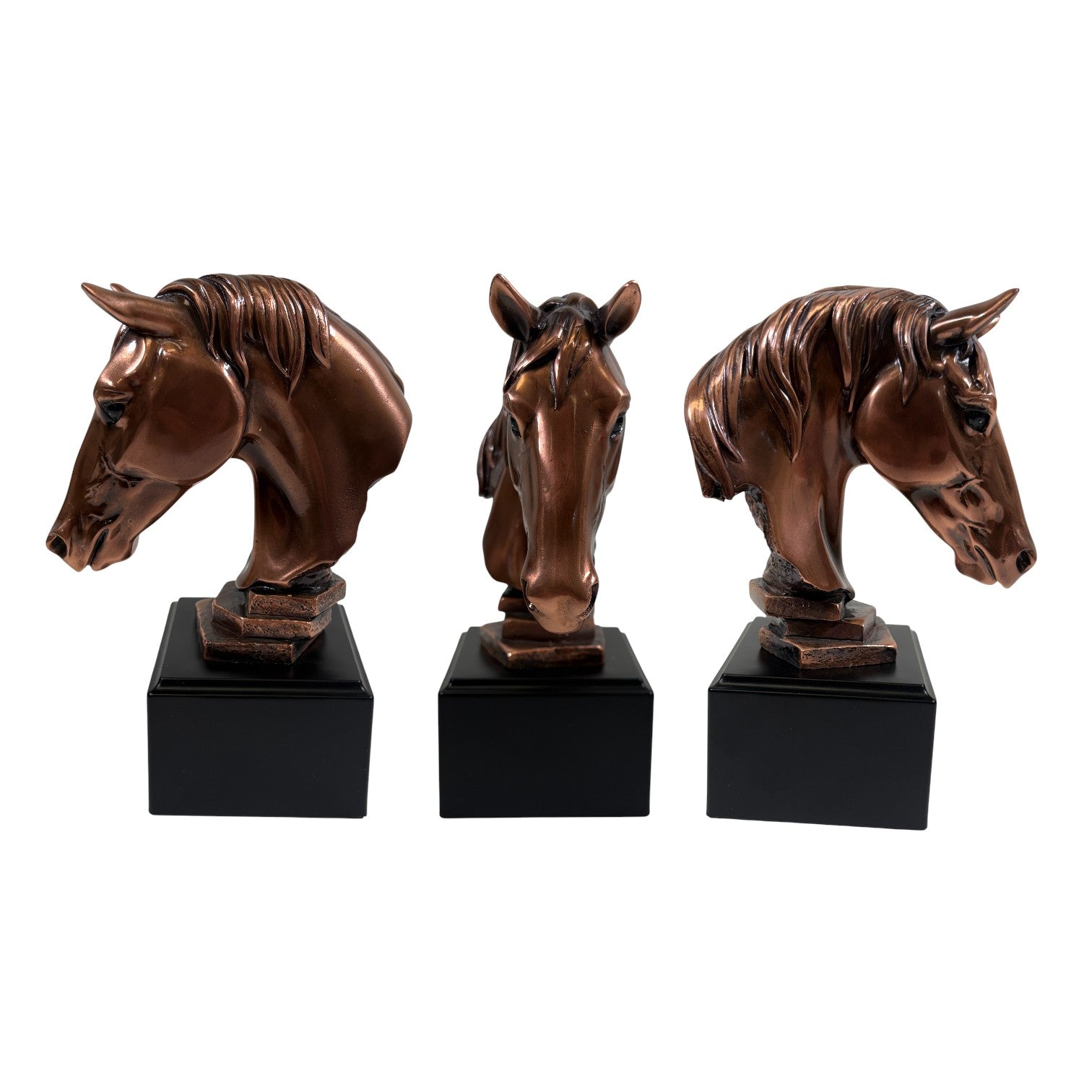 A close-up of the 7.5-inch tall copper horse head, highlighting the detailed mane and expressive features.