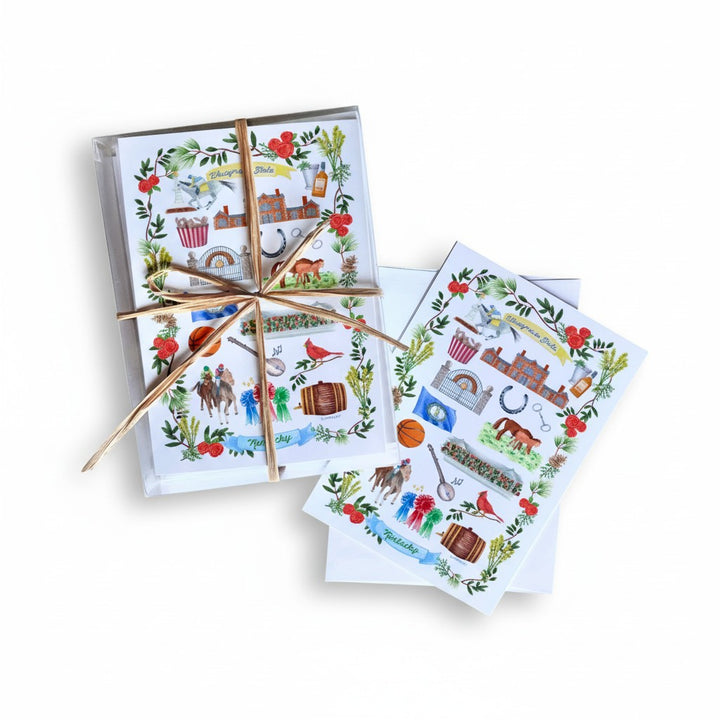 A 10-pack of 5x7 Kentucky Icons art cards and white envelopes, featuring charming illustrations of state symbols like horseshoes, mint juleps, and derby hats.