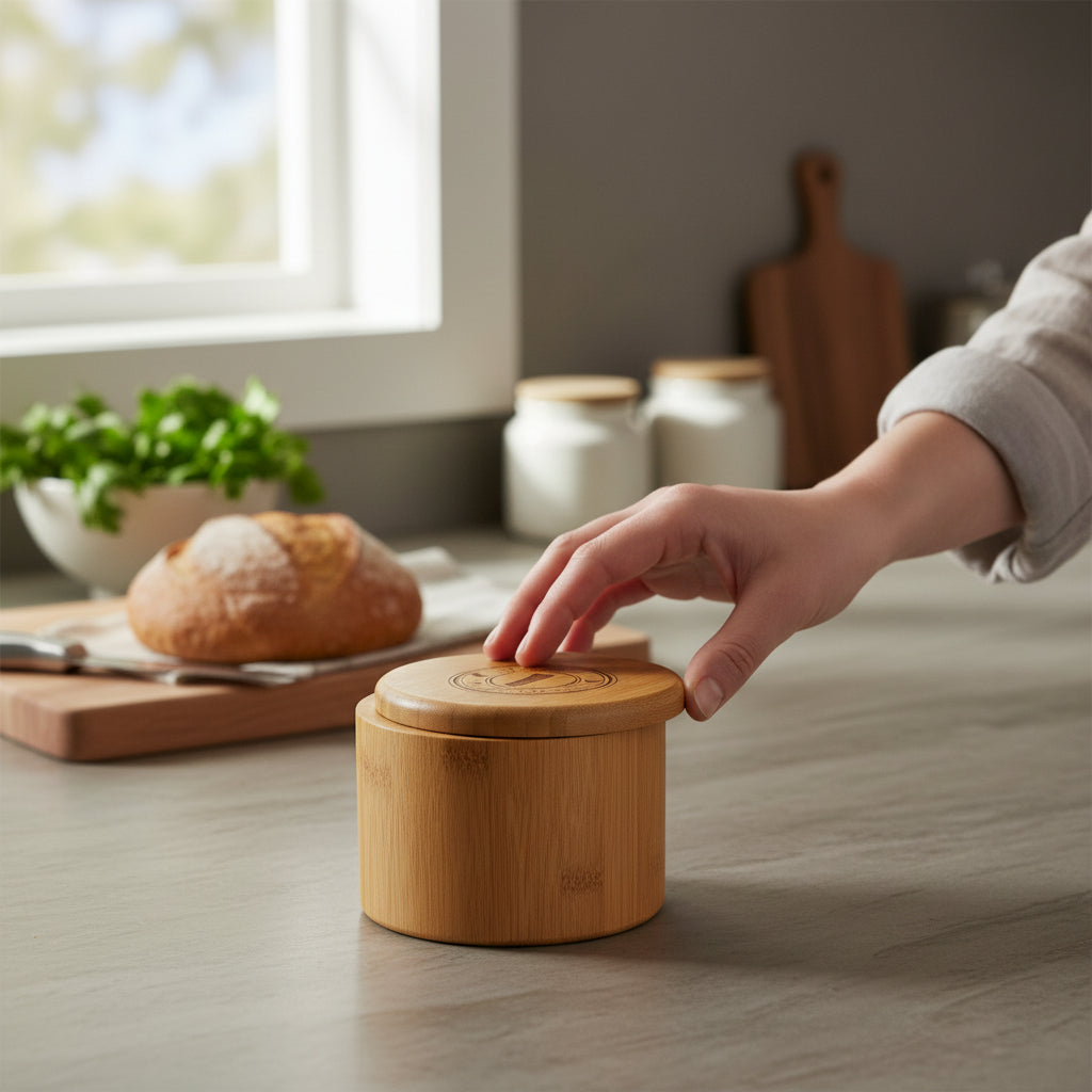The salt box sitting on a kitchen counter, adding a rustic and local touch to the home decor.