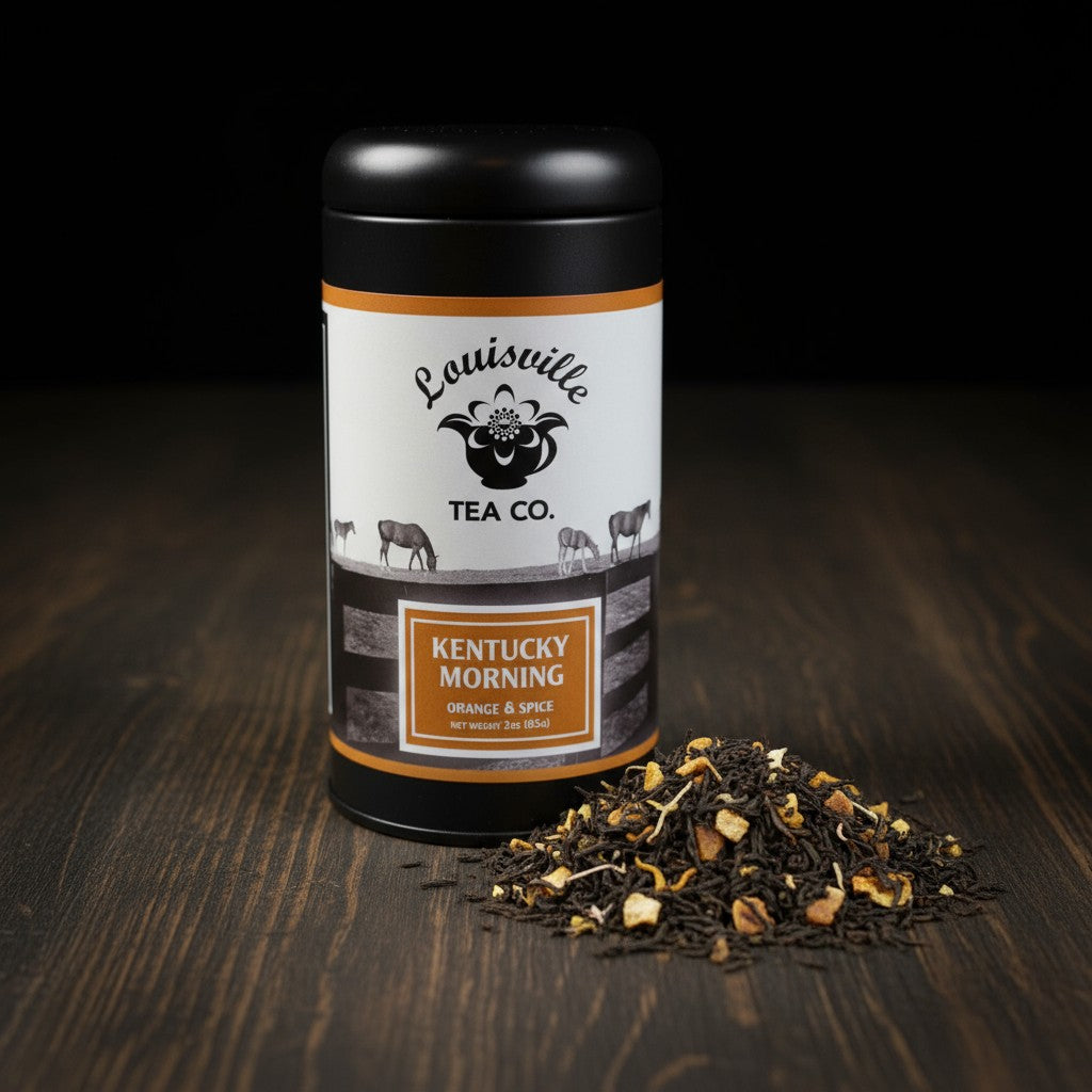 The Louisville Tea Co. "Kentucky Morning" orange and spice black tea in its collectible tin.