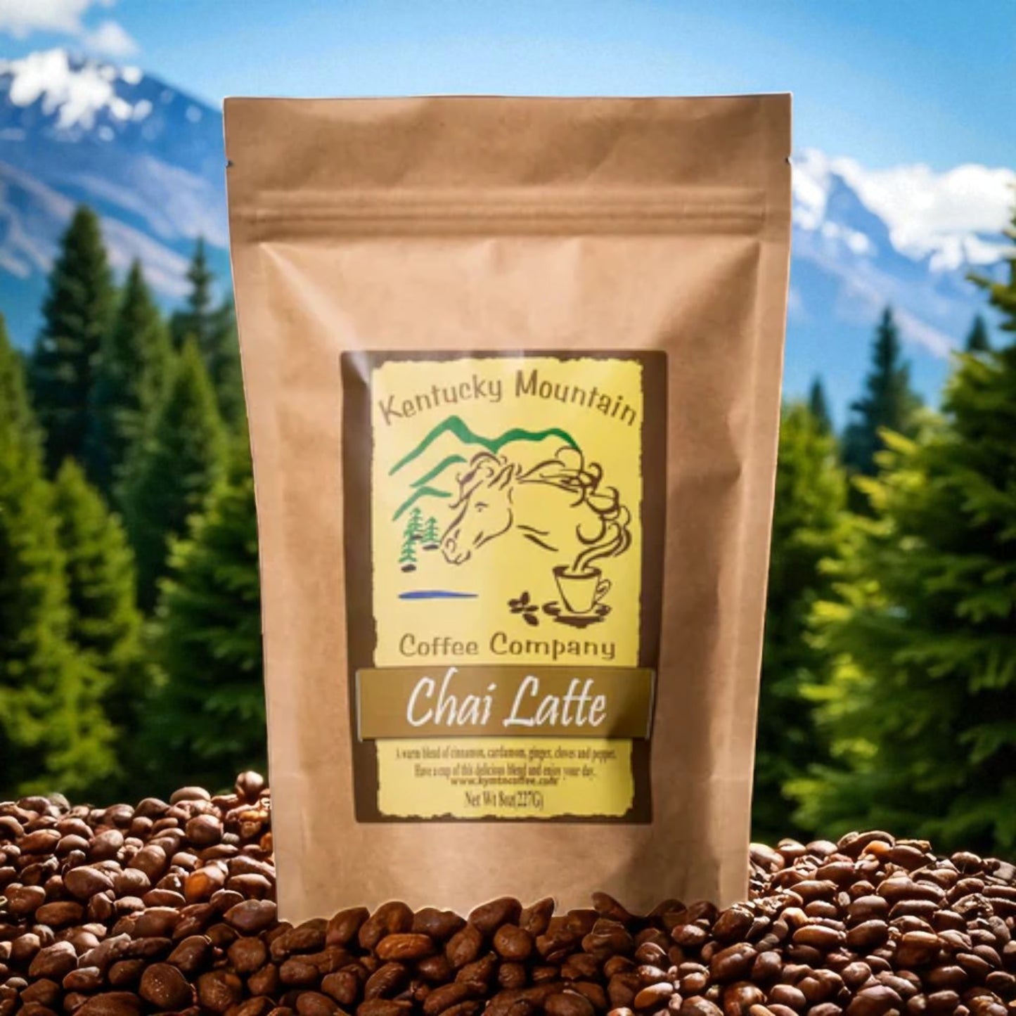 Coffee package from Kentucky Mountain Coffee Company on a bed of coffee beans with a mountainous background