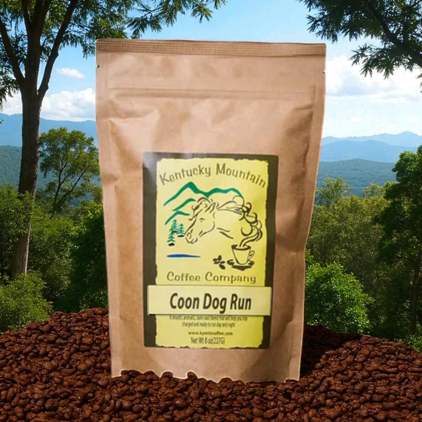 Kentucky Mountain Coffee Company Coon Dog Run coffee package with a scenic background