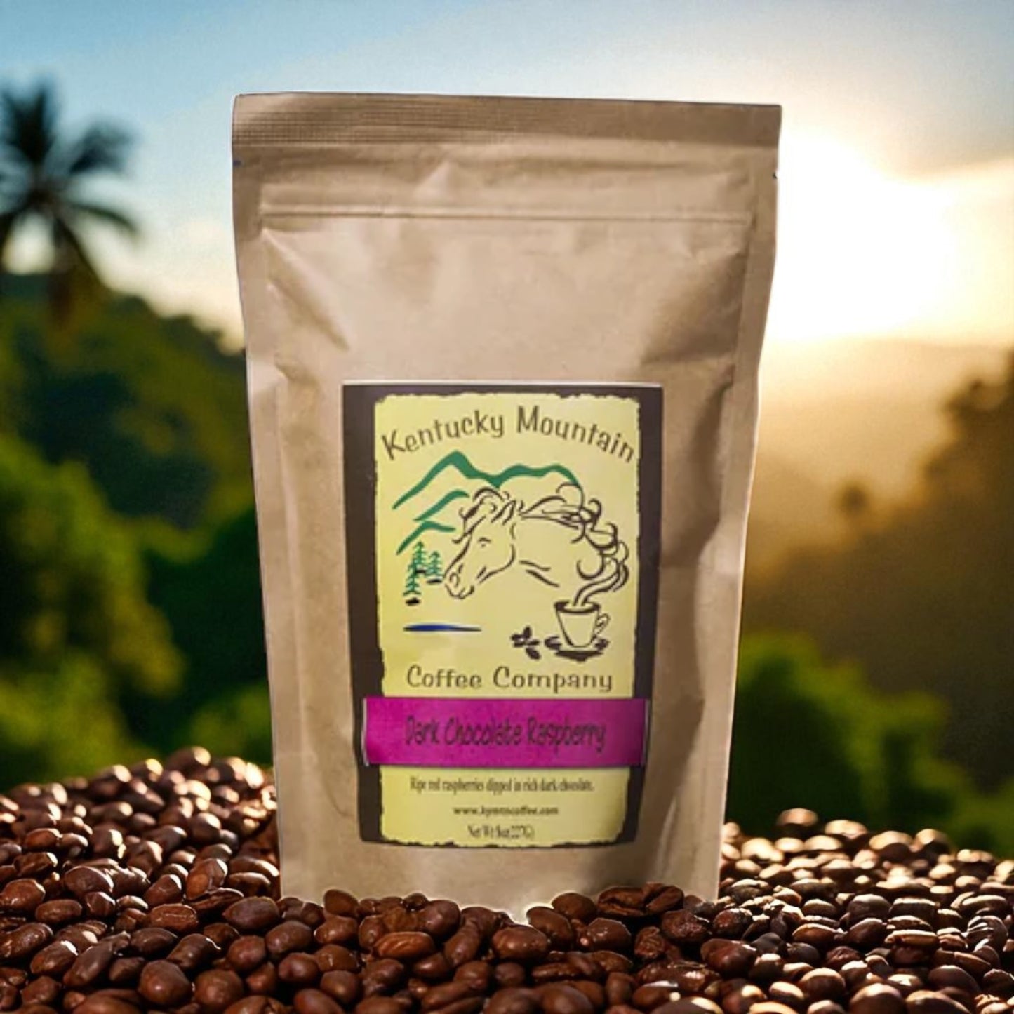 Kentucky Mountain Coffee Company package on a bed of coffee beans with a scenic background