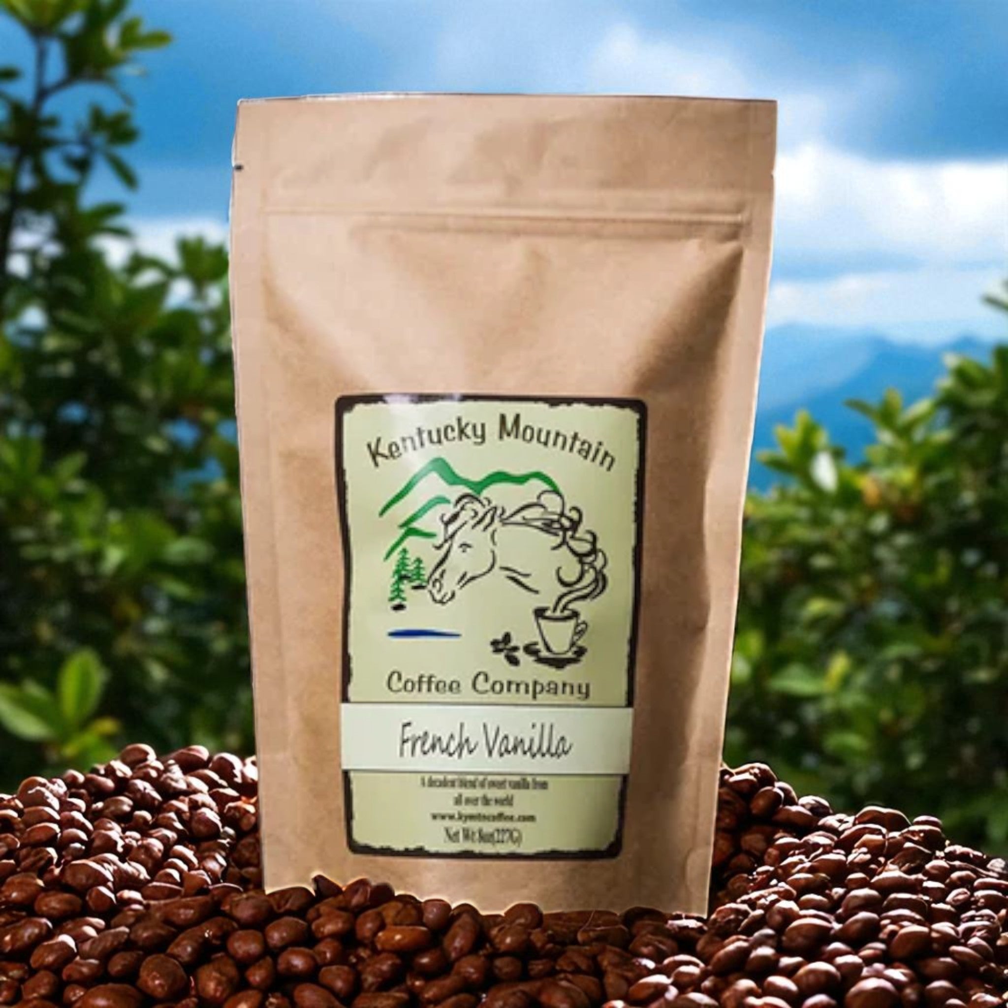 Kraft paper coffee bag with 'Kentucky Mountain Coffee Company' label on a bed of coffee beans outdoors.