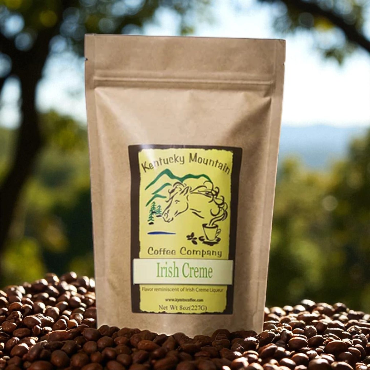 Kraft paper coffee bag with 'Kentucky Mountain Coffee Company' label on a bed of coffee beans outdoors.