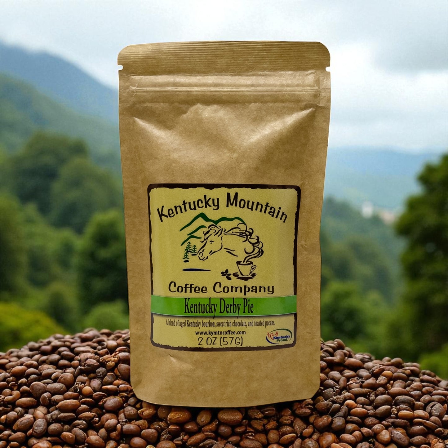 Kraft paper coffee package with 'Kentucky Mountain Coffee Company' label on a bed of coffee beans with a mountainous background.