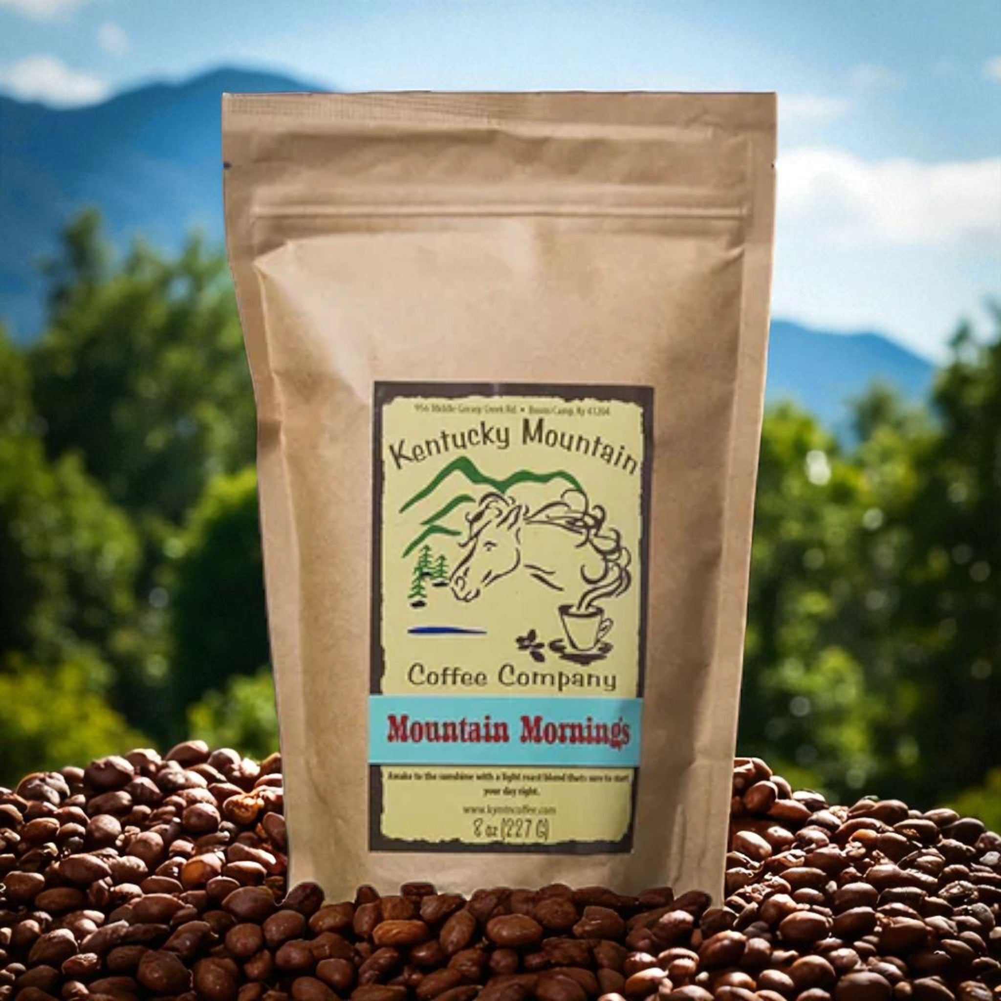 Kentucky Mountain Coffee Company package on coffee beans with a scenic background