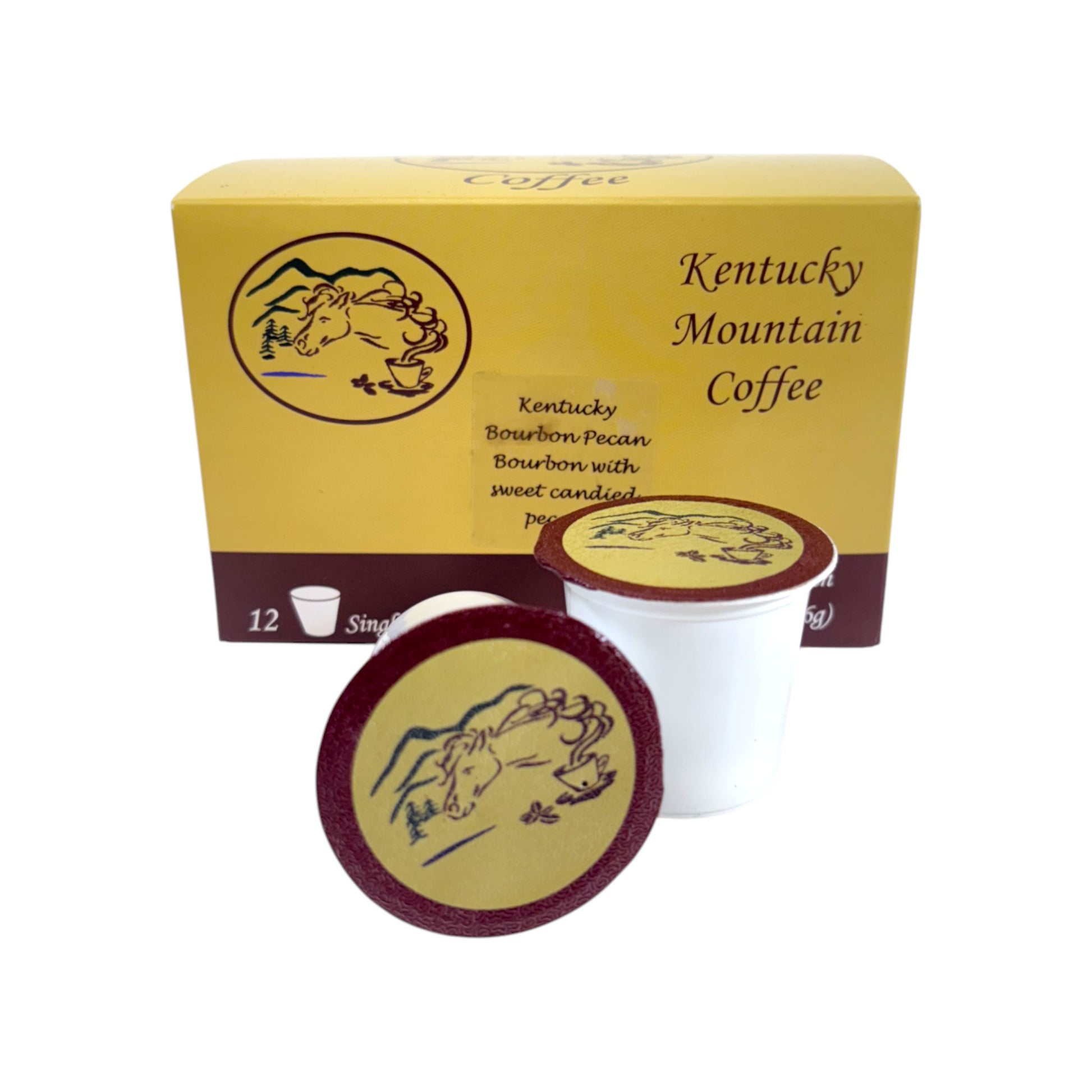 Box of Kentucky Mountain Coffee with coffee pods on a white background