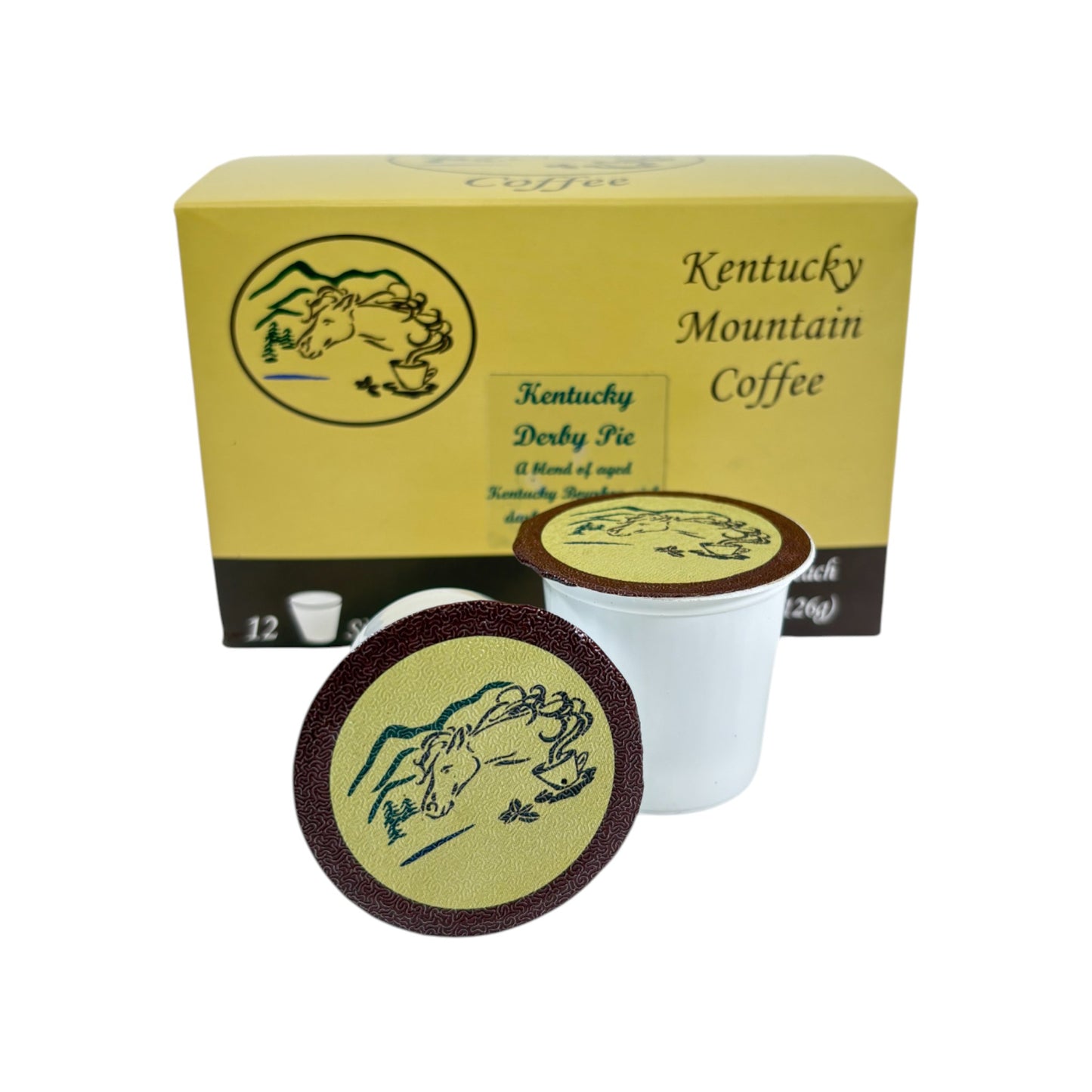 Kentucky Mountain Coffee packaging with coffee pods on a white background