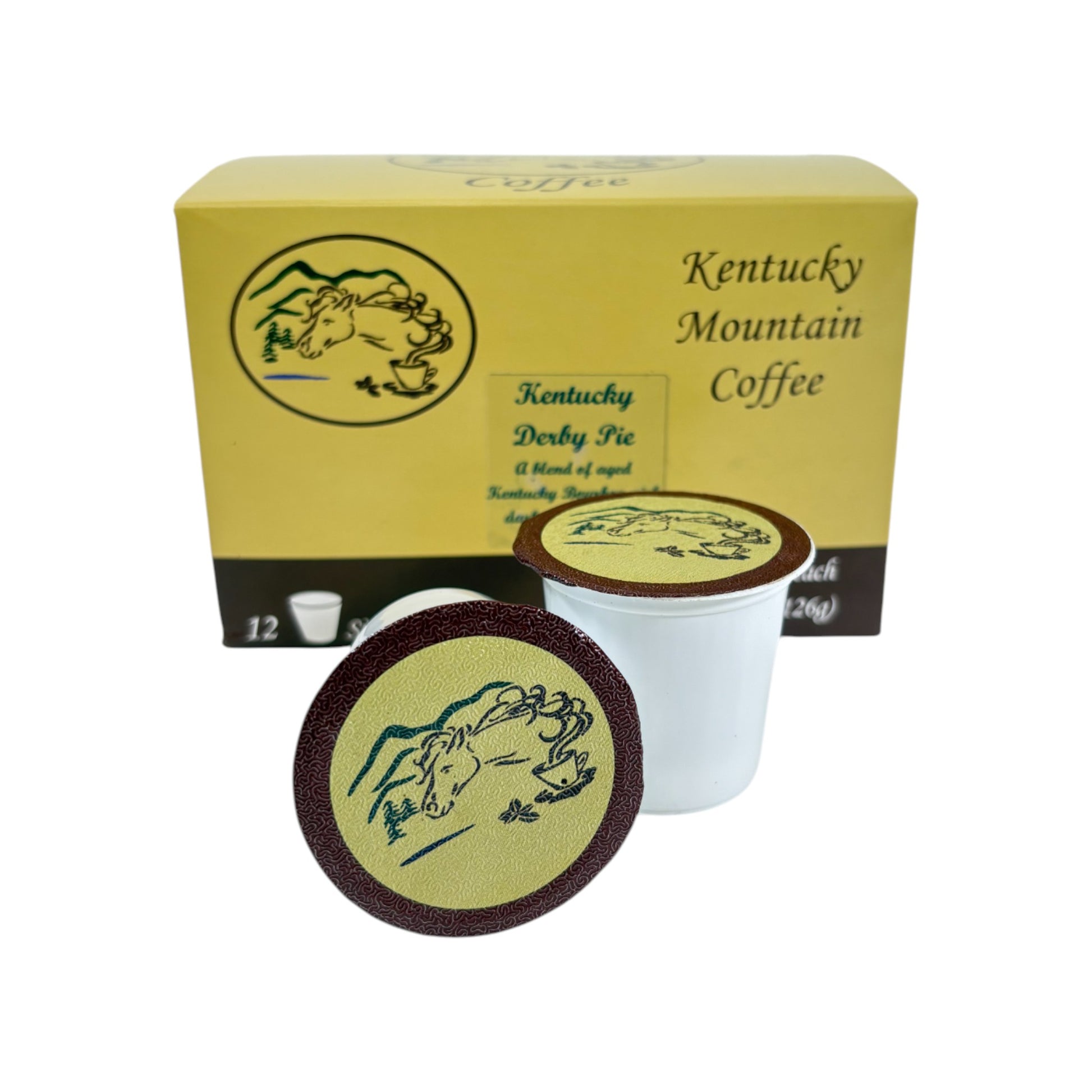Kentucky Mountain Coffee packaging with coffee pods on a white background