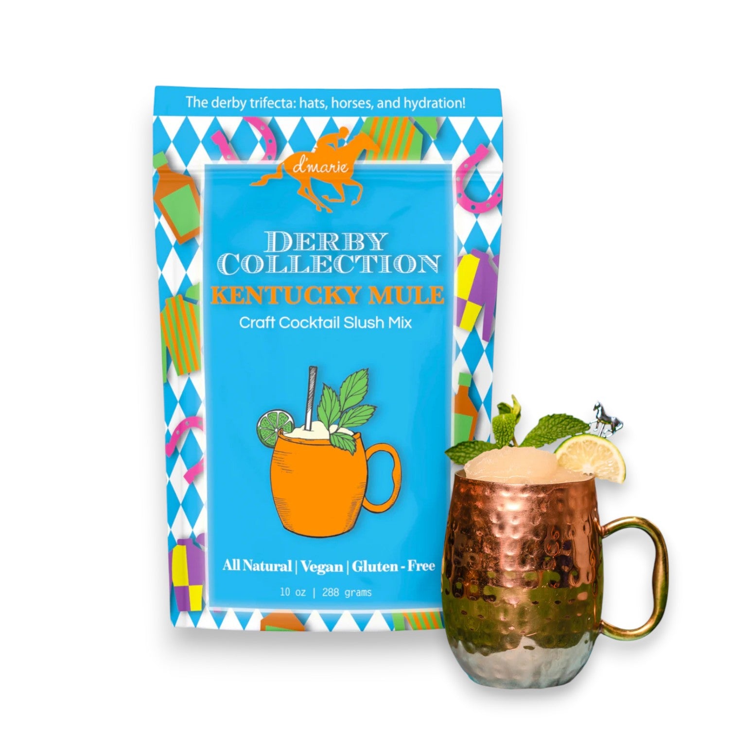 Derby Collection Kentucky Mule craft cocktail slush mix package with a copper mug filled with a cocktail.