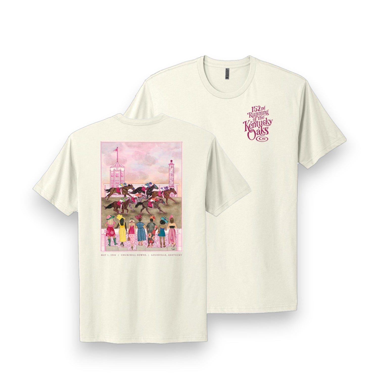 Two cream-colored t-shirts with view of the Natural color Kentucky Oaks 152 t-shirt featuring a large painterly poster illustration of racehorses, grandstands, and spectators in hats.