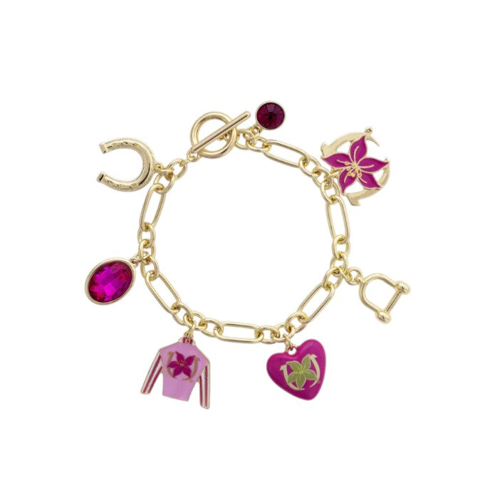  Full view of the Kentucky Oaks Enamel Charms Bracelet in pink, showcasing all the equestrian-themed charms on the 7-inch gold toggle chain.