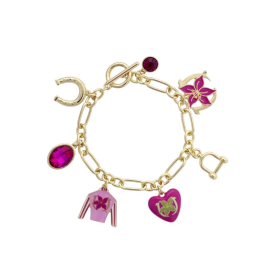  Full view of the Kentucky Oaks Enamel Charms Bracelet in pink, showcasing all the equestrian-themed charms on the 7-inch gold toggle chain.