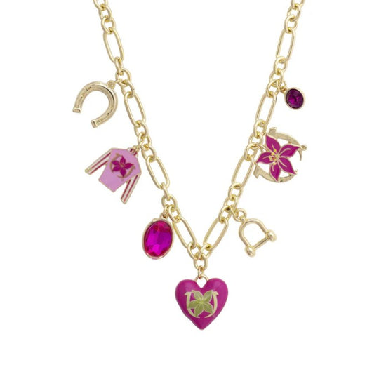 Close-up detail of the pink enamel heart charm with the Kentucky Oaks Lily logo and surrounding gold charms.