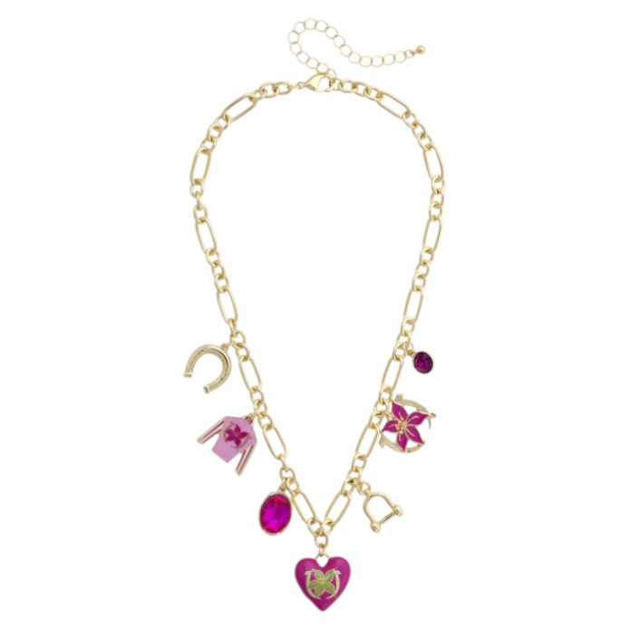 Full view of the Kentucky Oaks Enamel Charms Necklace featuring pink and gold equestrian charms on a gold chain.