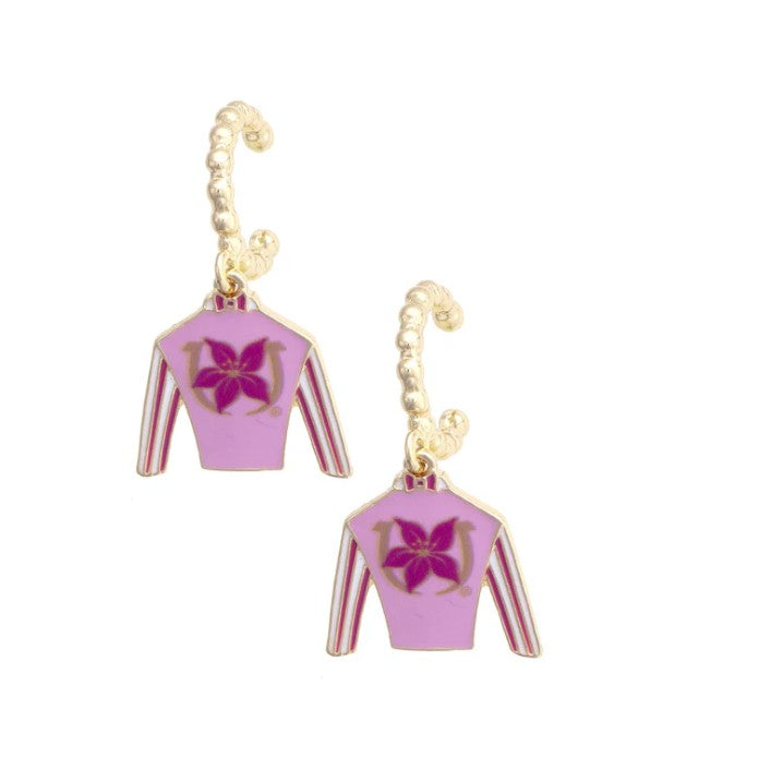 A pair of the Kentucky Oaks Jockey Silks Enamel Twisted Hoop Earrings in pink, showing the jockey silk charm and gold hoop.