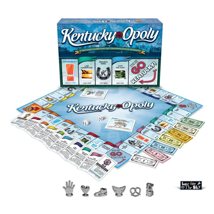 The Kentucky-Opoly game board laid out with play money, property cards, dice, and metal tokens ready for play.