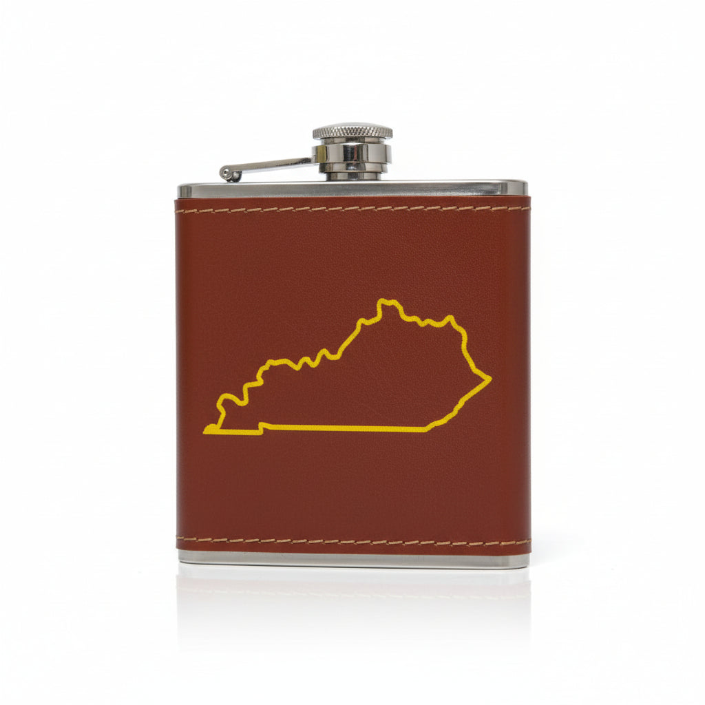 A reddish-brown faux leather flask featuring a bold yellow outline of the state of Kentucky.
