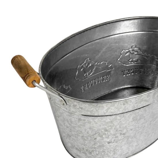 A detail shot showing the embossed Kentucky state outline and text on the galvanized steel tub.