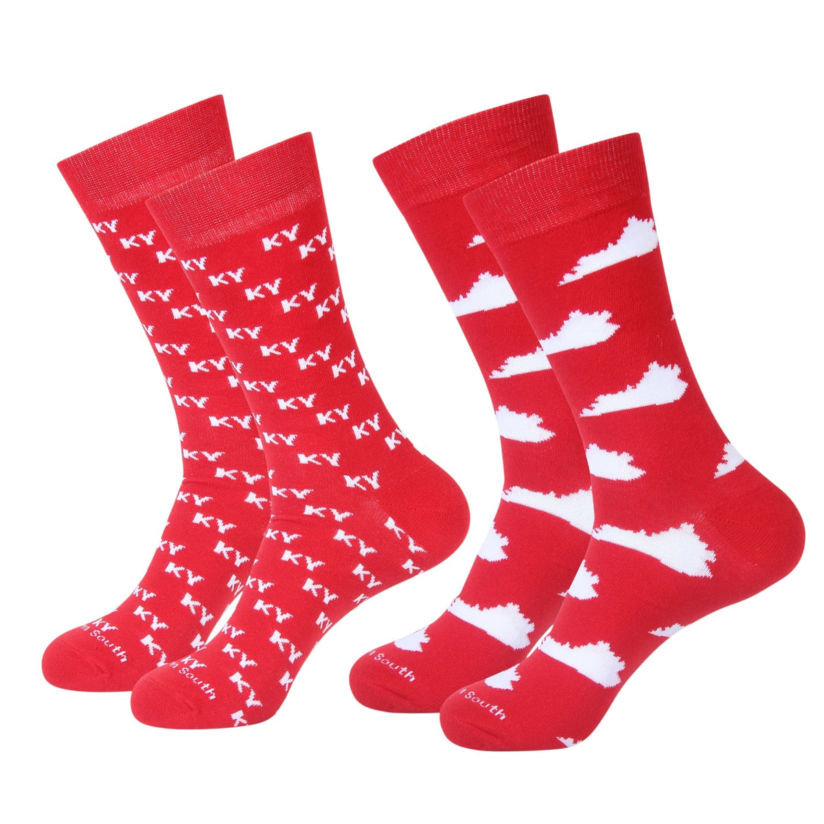 Kentucky Pride Novelty Crew Socks — Red KY Letters & Red/White State Shape - A Taste of Kentucky
