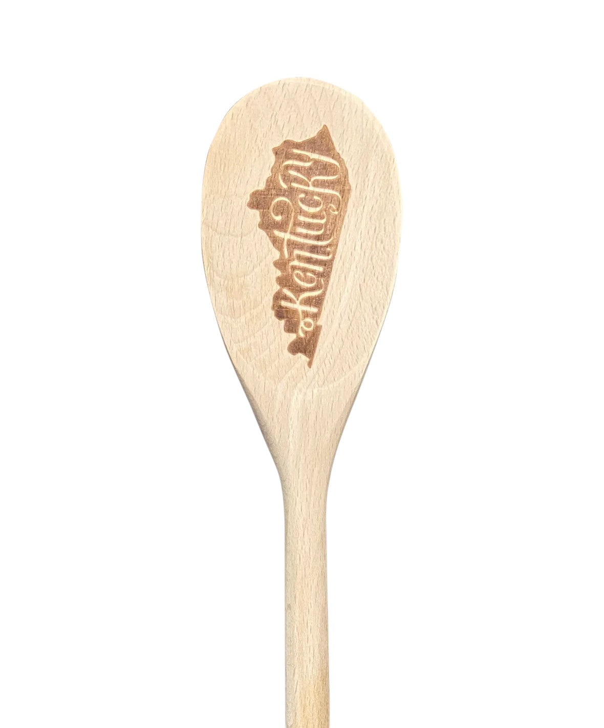 Wooden spoon with engraved logo on a white background