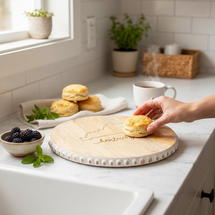 Lifestyle image of the Kentucky serving board in a bright kitchen with fresh biscuits.