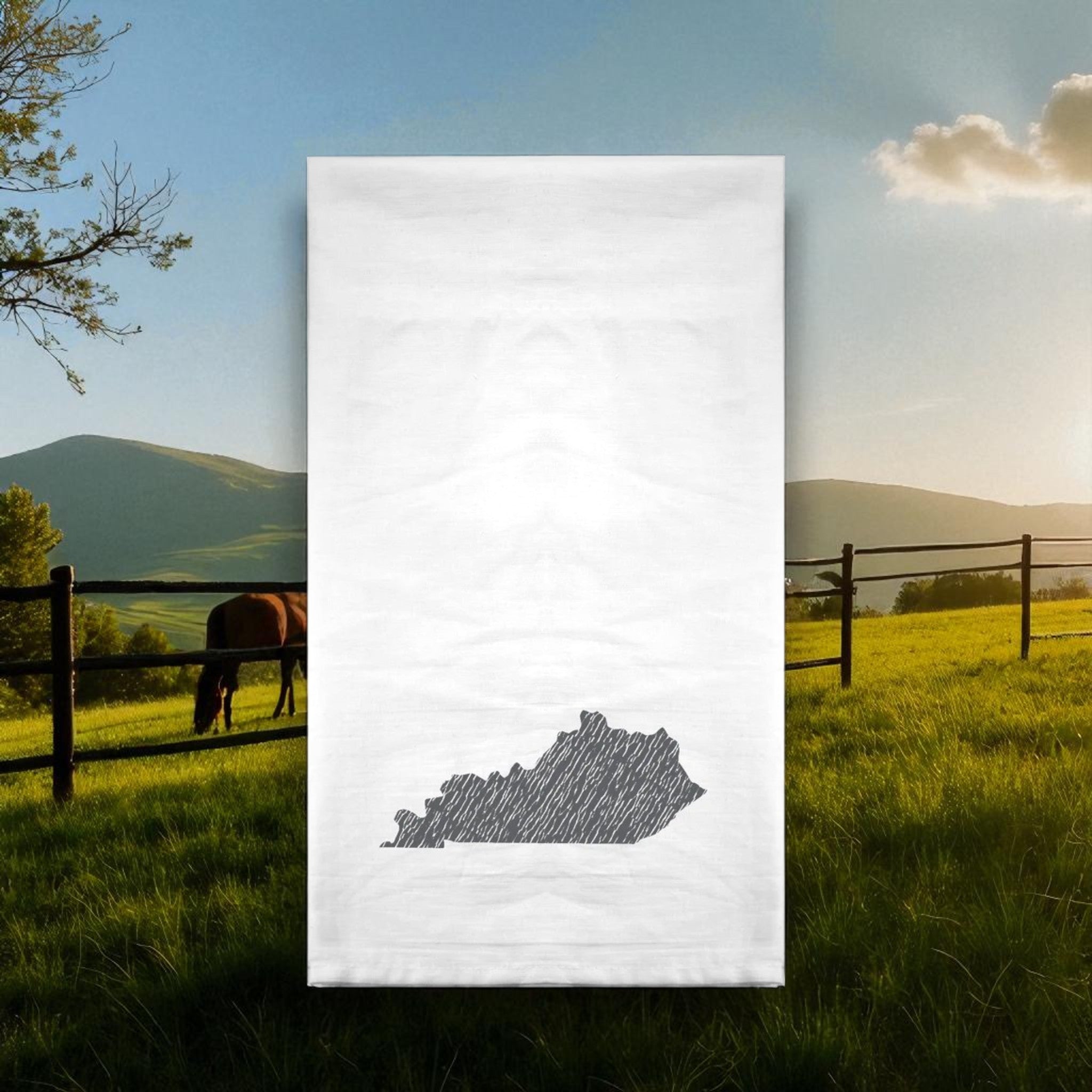 Horse in a field with a landscape in the background, featuring a map of Kentucky.