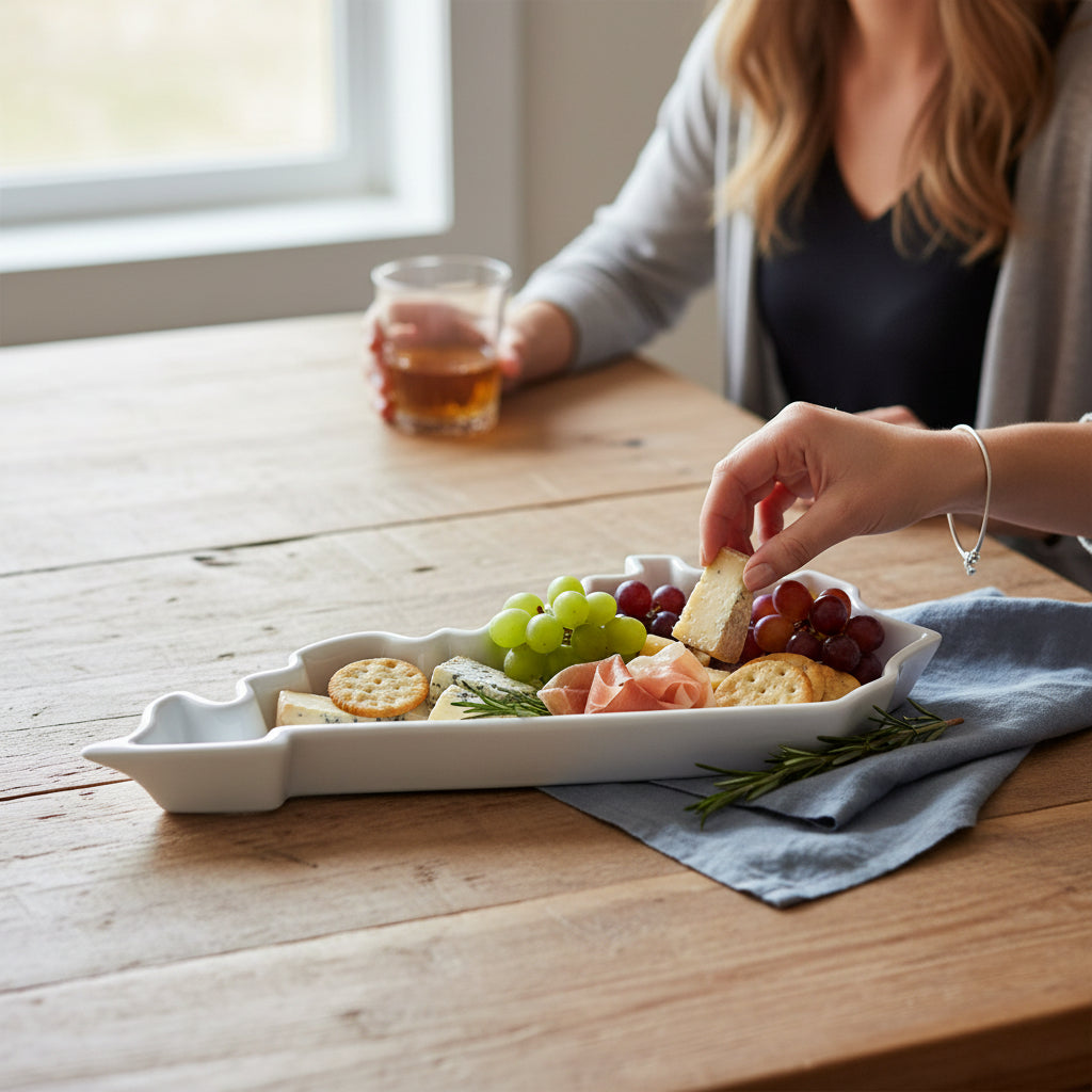 The Kentucky State Plate used as a charcuterie board, filled with meats, cheeses, and crackers.