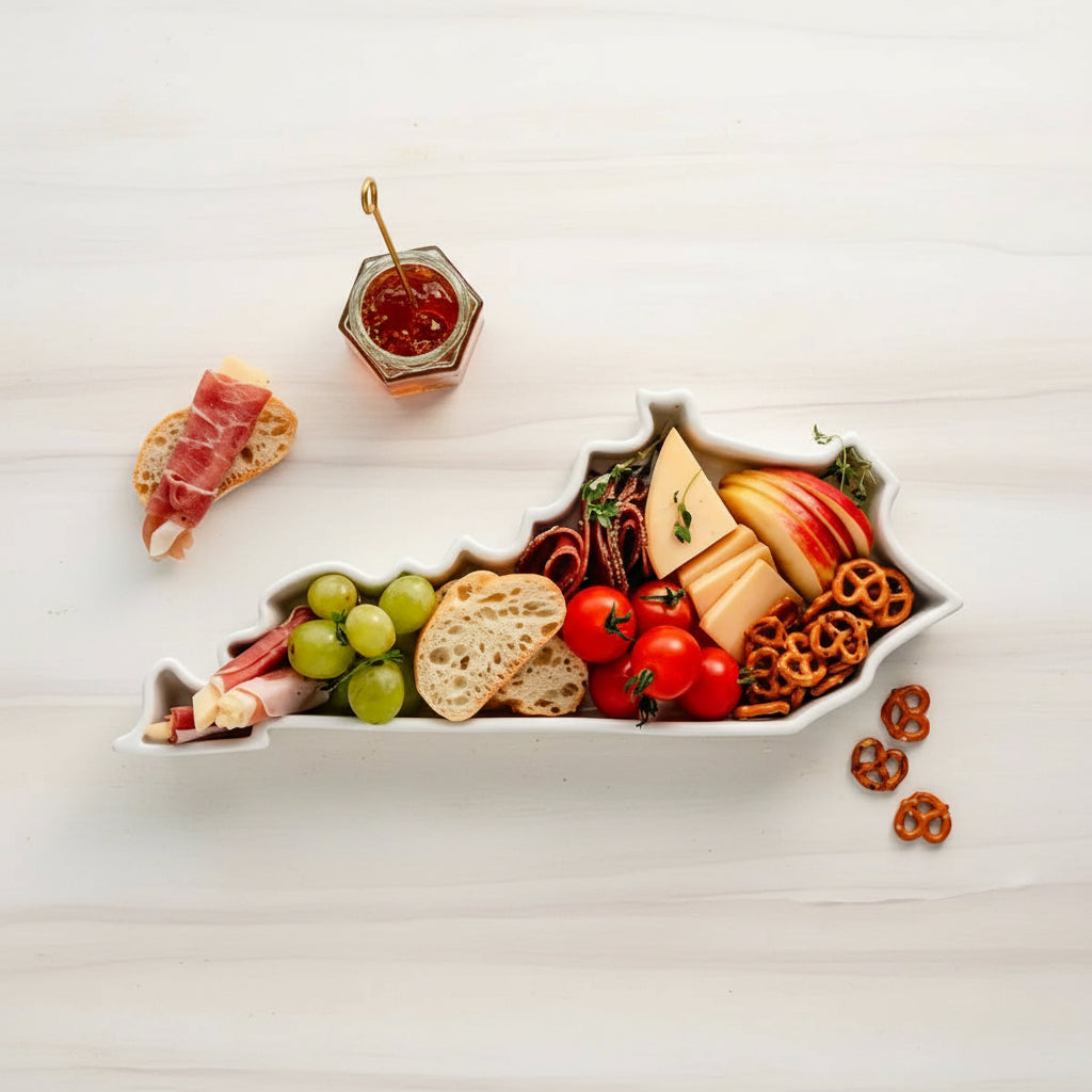The Kentucky State Plate used as a charcuterie board, filled with meats, cheeses, and crackers.