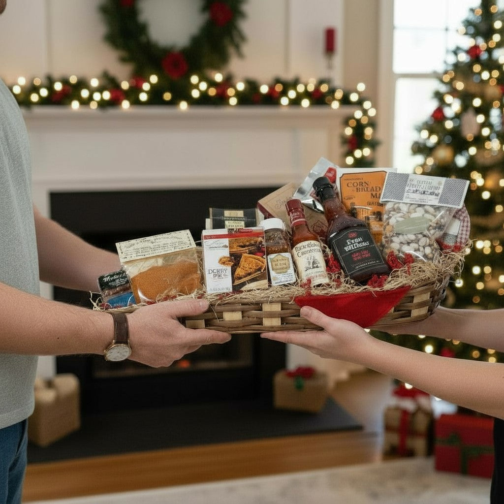Person receiving a gift basket filled with snacks and drinks during the holiday season.