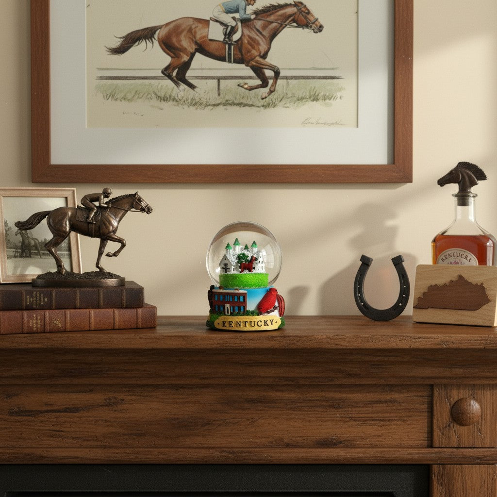 The Kentucky Snow Globe displayed on a rustic wooden mantelpiece next to other decor.