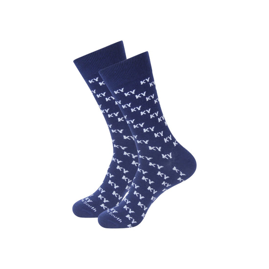 Pair of navy blue socks with white pattern on a white background