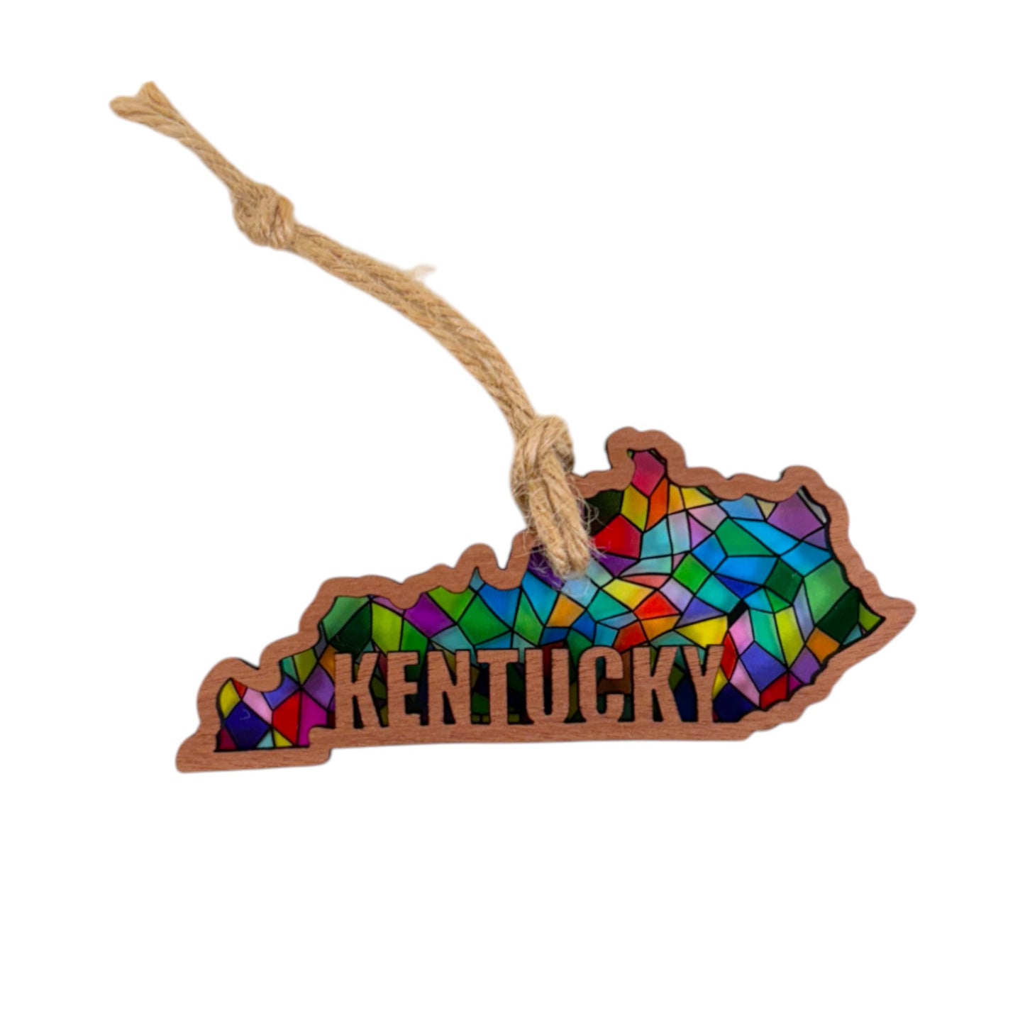 Colorful stained glass-style Kentucky-shaped ornament on a white background