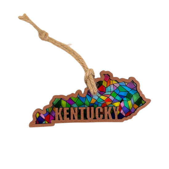 Colorful stained glass-style Kentucky-shaped ornament on a white background