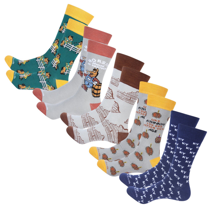 Set of colorful socks with various patterns on a white background